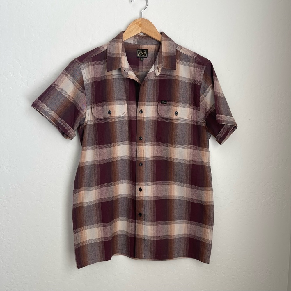Obey Men’s Burgundy Cream Plaid Flannel Short Sleeve Button Down Shirt Medium